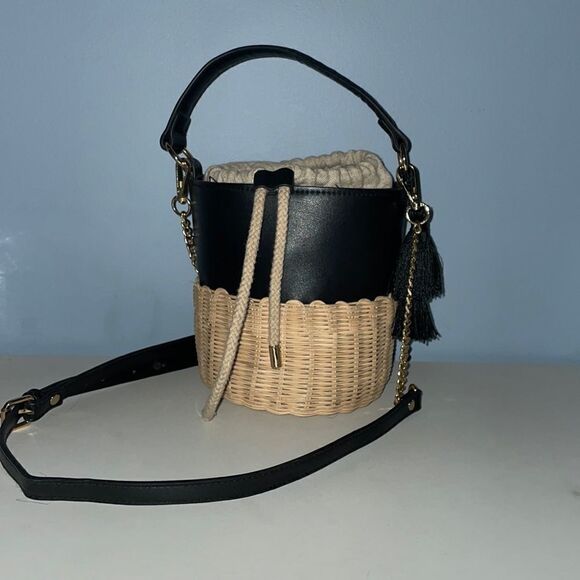 Aldo Aceille Straw Faux Leather Bucket Purse Black - Picture 1 of 9
